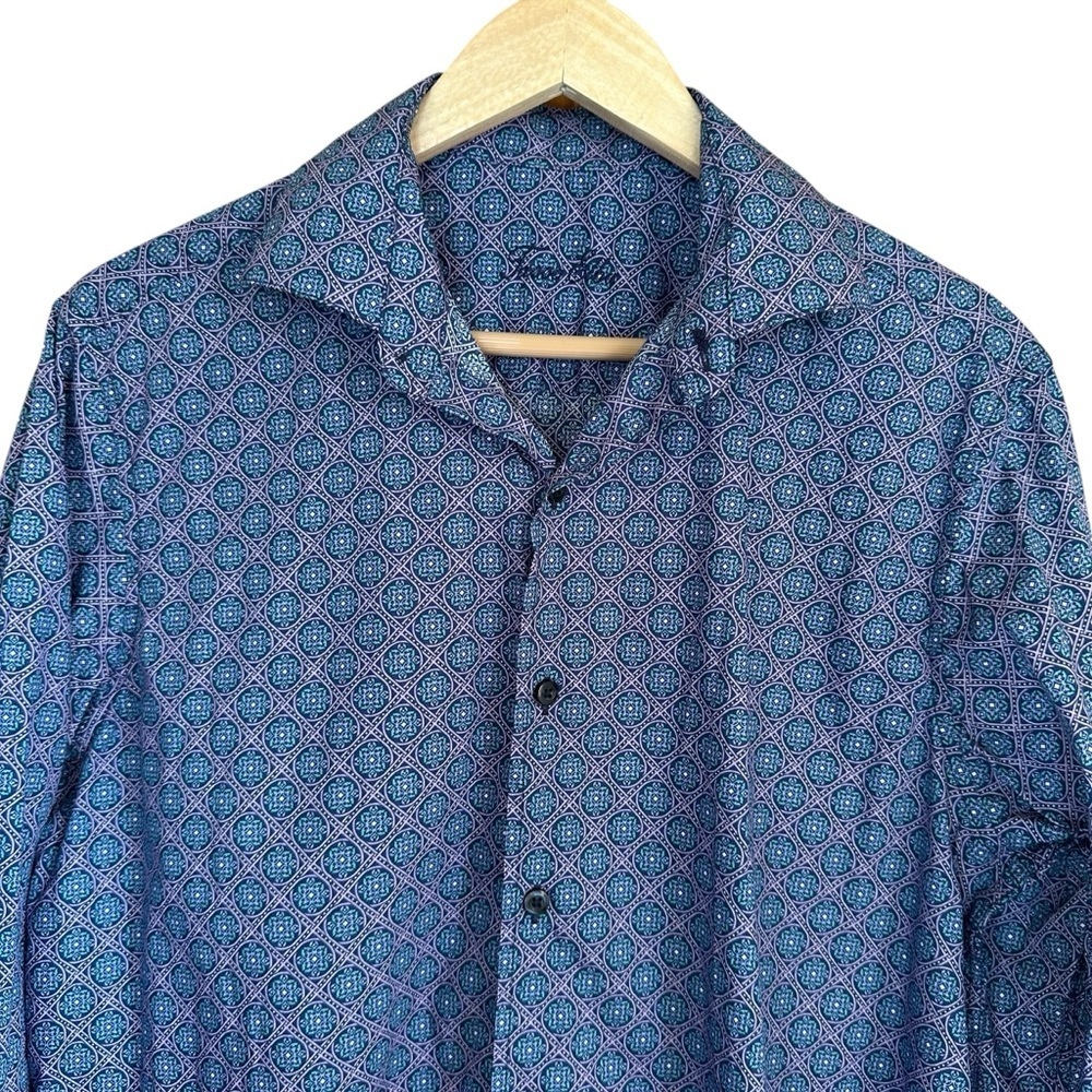 Tasso Elba Mens Blue Purple Cotton Geometric Long Sleeve Button-Up Shirt Size M